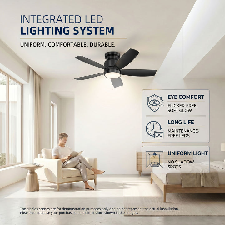 VEYRA 42-inch Modern Black Ceiling Fan with Light, 5 ABS Blades, DC Motor, 6 Speeds, Flush Mount for Bedroom, Living Room