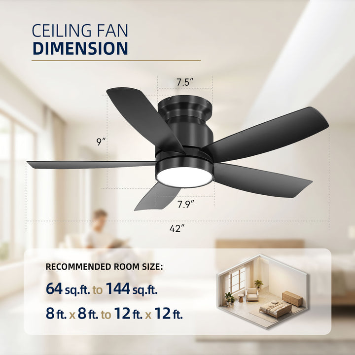 VEYRA 42-inch Modern Black Ceiling Fan with Light, 5 ABS Blades, DC Motor, 6 Speeds, Flush Mount for Bedroom, Living Room