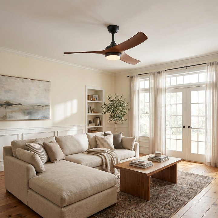 VEYRA 52-inch Modern Ceiling Fan with Light, 3 ABS Blades, DC Motor, 6 Speeds, Downrod Mount for Bedroom, Living Room