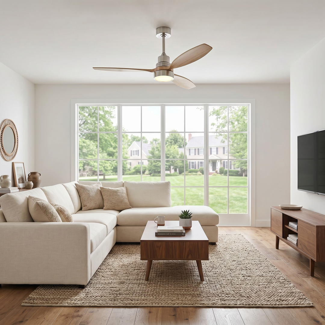 VEYRA 52-inch Modern Ceiling Fan with Light, 3 Solid Wood Blades, DC Motor, 6 Speeds, Downrod Mount for Bedroom, Living Room