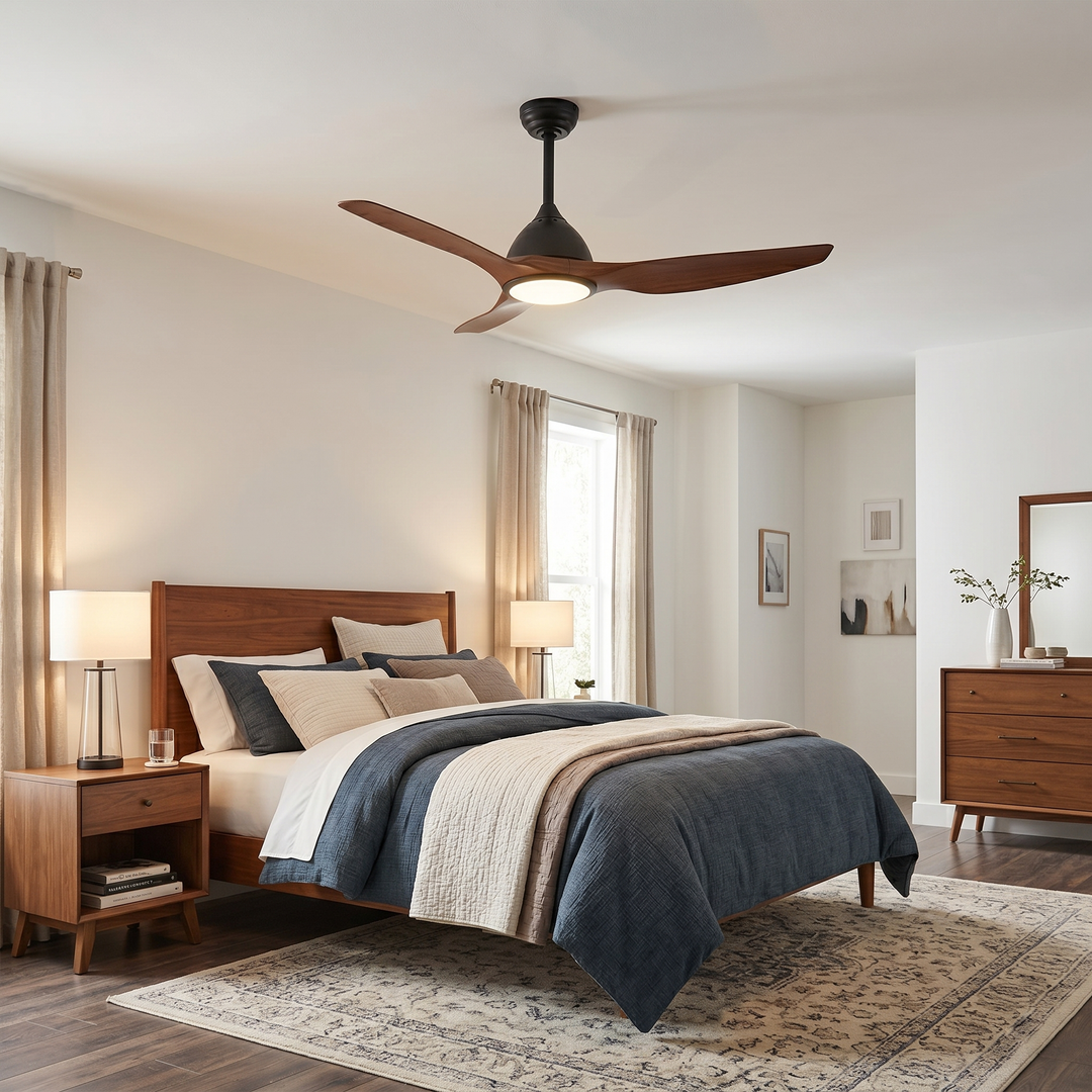 VEYRA 52-inch Modern Ceiling Fan with Light, 3 ABS Blades, DC Motor, 6 Speeds, Downrod Mount for Bedroom, Living Room