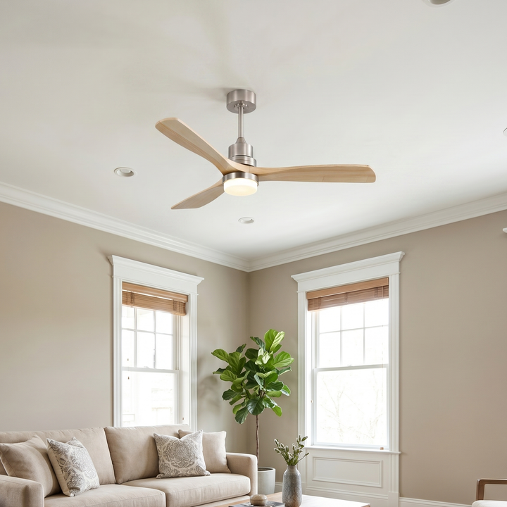 VEYRA 52-inch Modern Ceiling Fan with Light, 3 Solid Wood Blades, DC Motor, 6 Speeds, Downrod Mount for Bedroom, Living Room