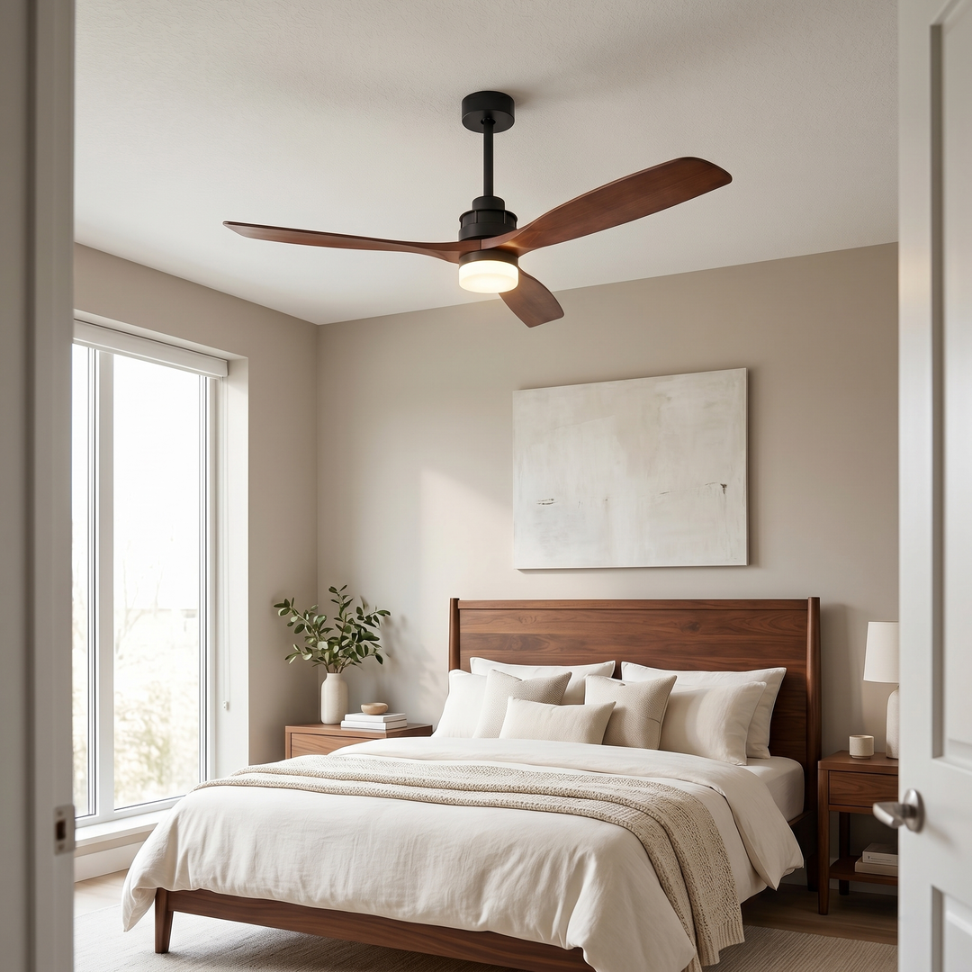 VEYRA 60-inch Modern Ceiling Fan with Light, 3 Solid Wood Blades, DC Motor, 6 Speeds, Downrod Mount for Bedroom, Living Room