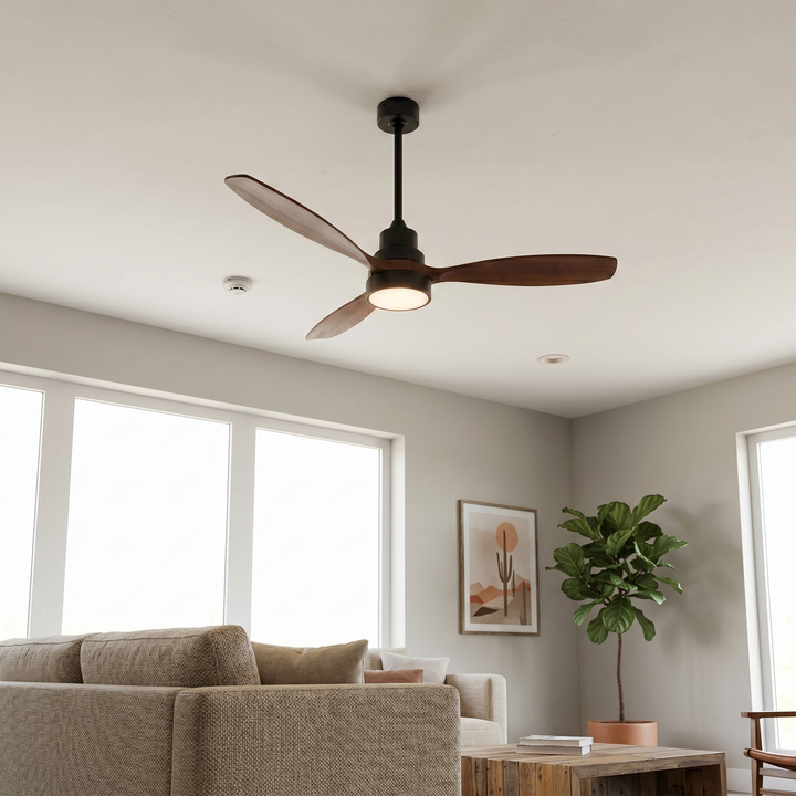 VEYRA 52-inch Modern Ceiling Fan with Light, 3 Solid Wood Blades, DC Motor, 6 Speeds, Downrod Mount for Bedroom, Living Room
