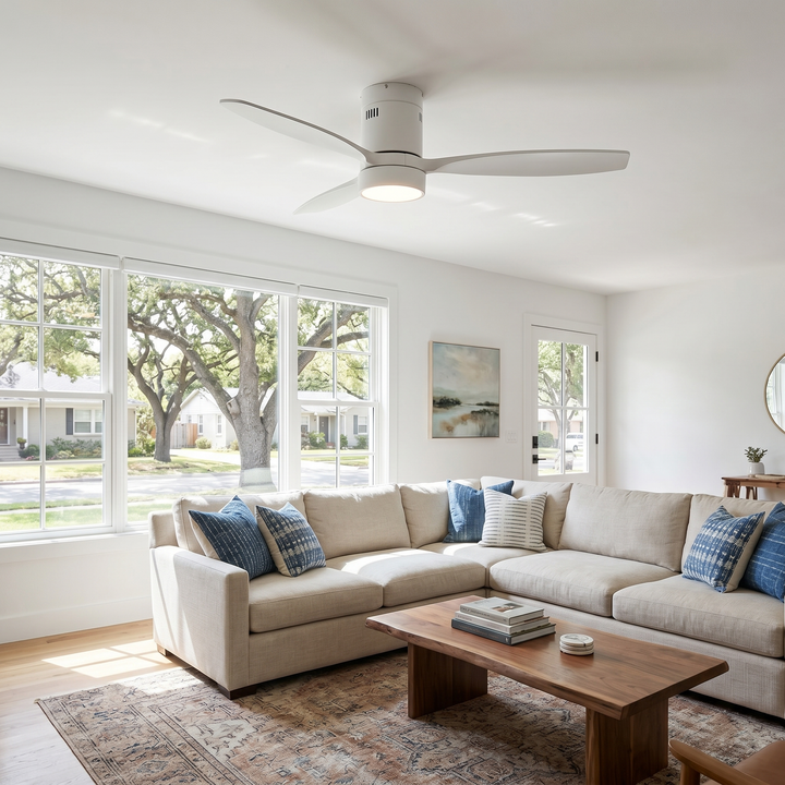 VEYRA 52-inch Modern Ceiling Fan with Light, 3 Solid Wood Blades, DC Motor, 6 Speeds, Flush Mount for Bedroom, Living Room