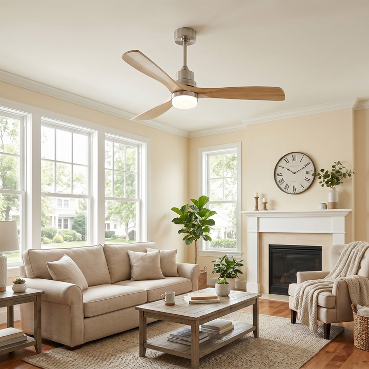 VEYRA 52-inch Modern Ceiling Fan with Light, 3 Solid Wood Blades, DC Motor, 6 Speeds, Downrod Mount for Bedroom, Living Room