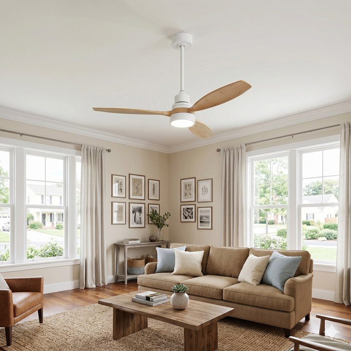 VEYRA 52-inch Modern Ceiling Fan with Light, 3 Solid Wood Blades, DC Motor, 6 Speeds, Downrod Mount for Bedroom, Living Room