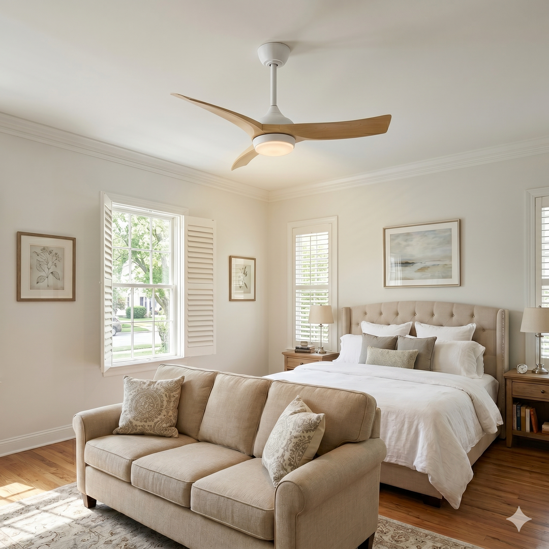 VEYRA 52-inch Modern Ceiling Fan with Light, 3 ABS Blades, DC Motor, 6 Speeds, Downrod Mount for Bedroom, Living Room