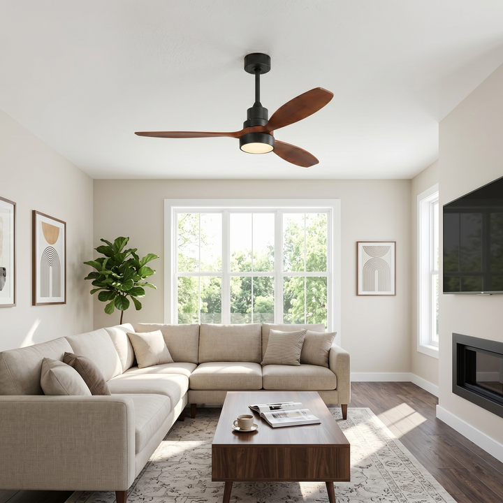 VEYRA 52-inch Modern Ceiling Fan with Light, 3 Solid Wood Blades, DC Motor, 6 Speeds, Downrod Mount for Bedroom, Living Room