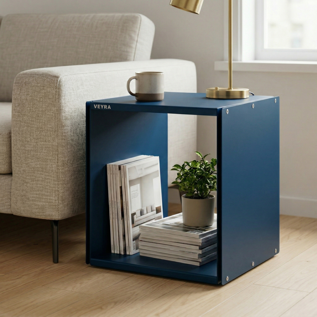 VEYRA Minimalist Metal Cube Storage End Table in Matte Blue, 18"x16"x20" for Living room, Bedroom