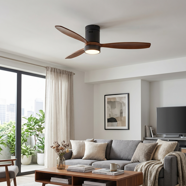 VEYRA 52-inch Modern Ceiling Fan with Light, 3 Solid Wood Blades, DC Motor, 6 Speeds, Flush Mount for Bedroom, Living Room