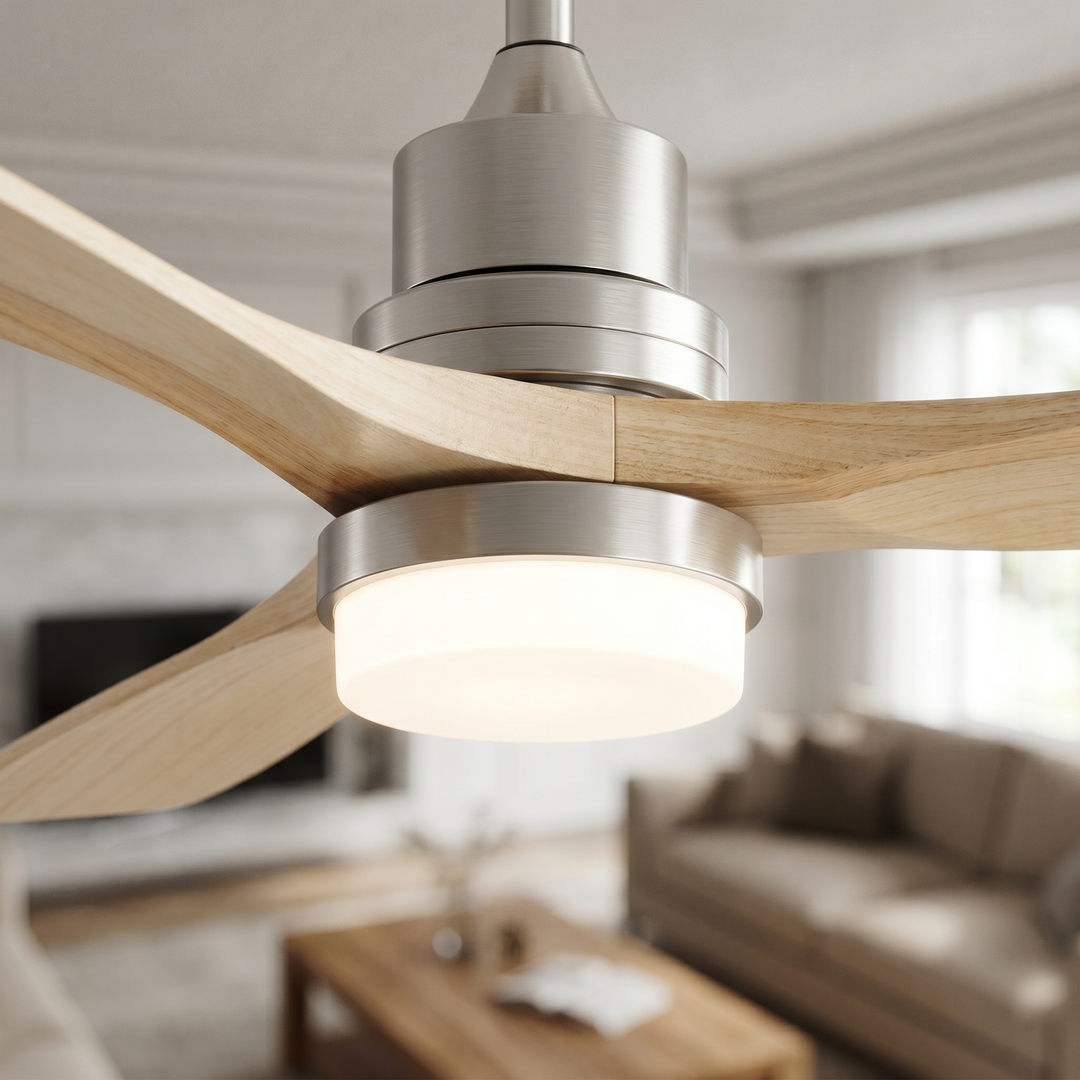 VEYRA 52-inch Modern Ceiling Fan with Light, 3 Solid Wood Blades, DC Motor, 6 Speeds, Downrod Mount for Bedroom, Living Room