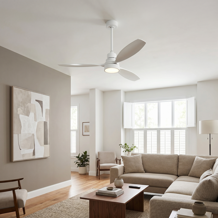VEYRA 52-inch Modern Ceiling Fan with Light, 3 Solid Wood Blades, DC Motor, 6 Speeds, Downrod Mount for Bedroom, Living Room