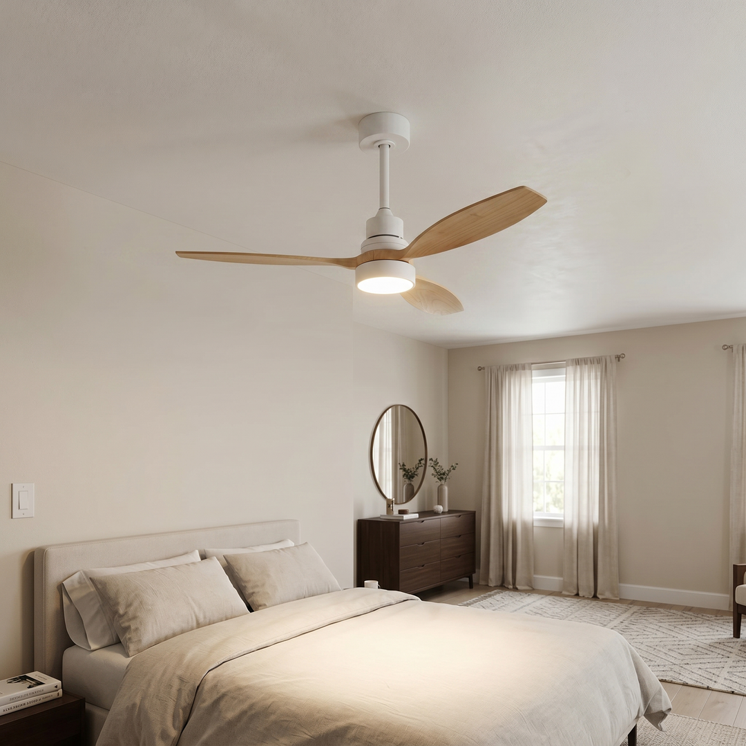 VEYRA 52-inch Modern Ceiling Fan with Light, 3 Solid Wood Blades, DC Motor, 6 Speeds, Downrod Mount for Bedroom, Living Room
