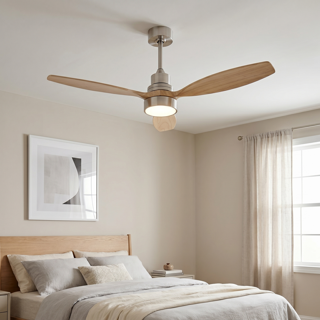 VEYRA 52-inch Modern Ceiling Fan with Light, 3 Solid Wood Blades, DC Motor, 6 Speeds, Downrod Mount for Bedroom, Living Room