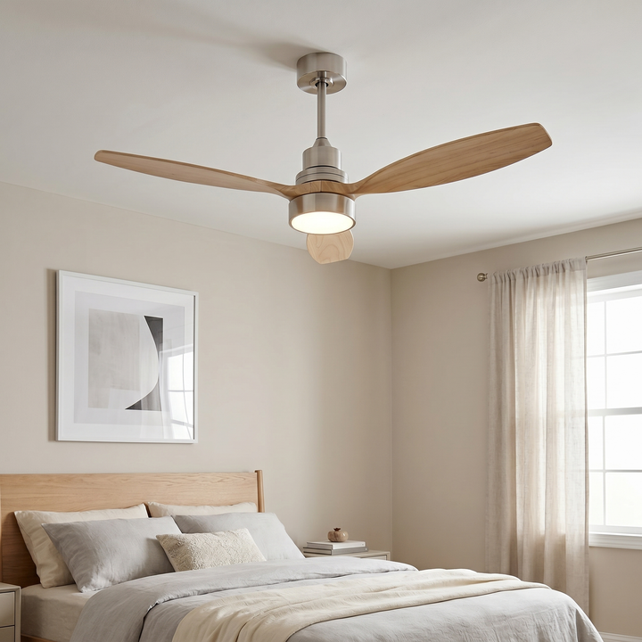 VEYRA 52-inch Modern Ceiling Fan with Light, 3 Solid Wood Blades, DC Motor, 6 Speeds, Downrod Mount for Bedroom, Living Room
