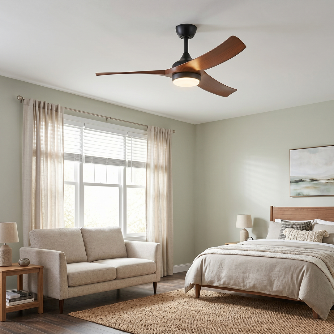 VEYRA 52-inch Modern Ceiling Fan with Light, 3 ABS Blades, DC Motor, 6 Speeds, Downrod Mount for Bedroom, Living Room