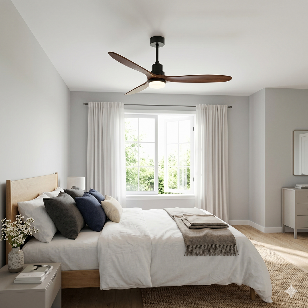 VEYRA 60-inch Modern Ceiling Fan with Light, 3 Solid Wood Blades, DC Motor, 6 Speeds, Downrod Mount for Bedroom, Living Room