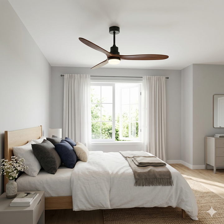 VEYRA 60-inch Modern Ceiling Fan with Light, 3 Solid Wood Blades, DC Motor, 6 Speeds, Downrod Mount for Bedroom, Living Room