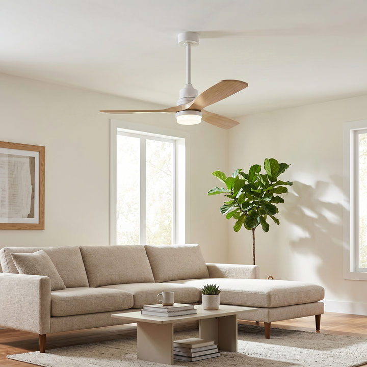 VEYRA 52-inch Modern Ceiling Fan with Light, 3 Solid Wood Blades, DC Motor, 6 Speeds, Downrod Mount for Bedroom, Living Room