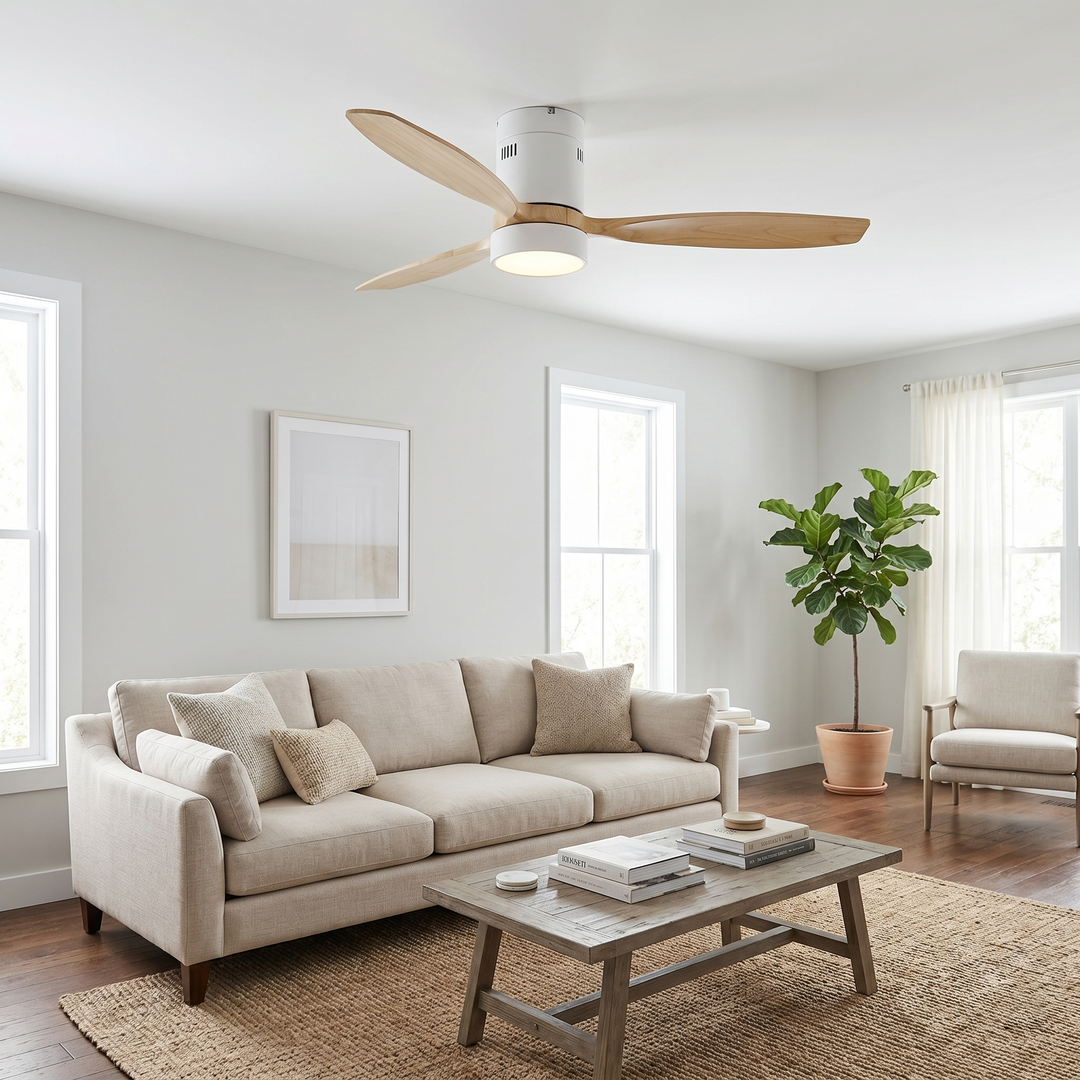 VEYRA 52-inch Modern Ceiling Fan with Light, 3 Solid Wood Blades, DC Motor, 6 Speeds, Flush Mount for Bedroom, Living Room