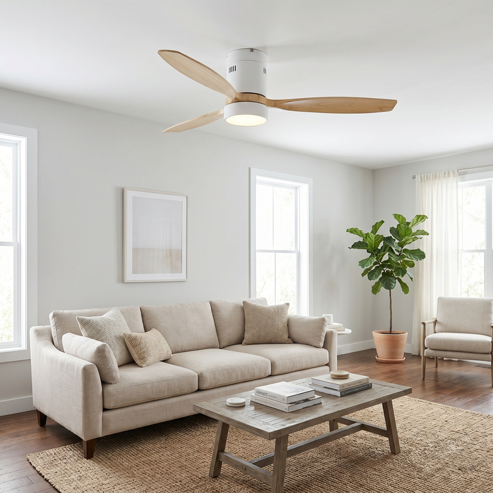 VEYRA 52-inch Modern Ceiling Fan with Light, 3 Solid Wood Blades, DC Motor, 6 Speeds, Flush Mount for Bedroom, Living Room