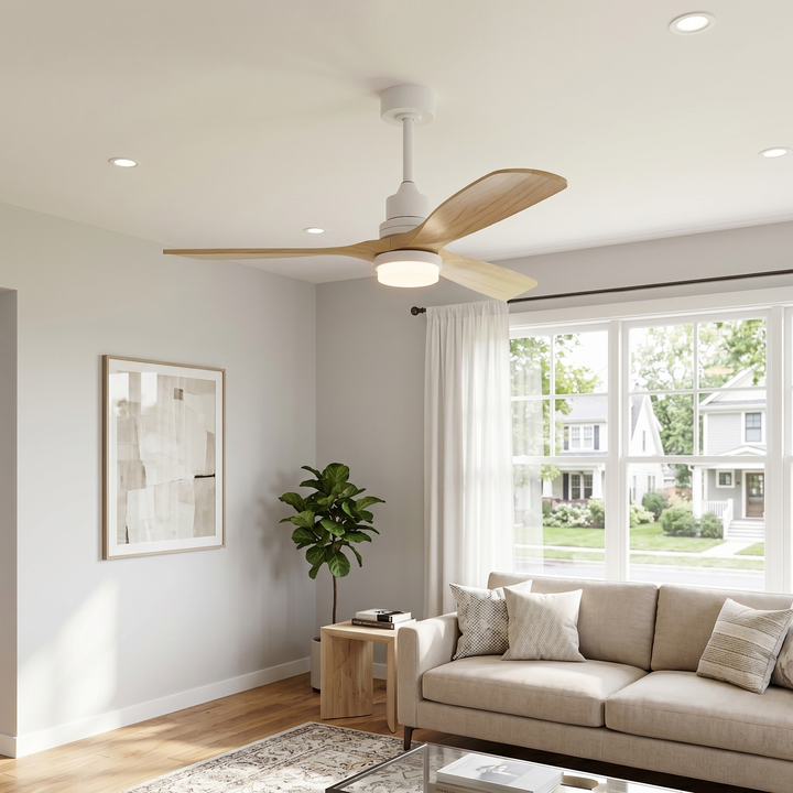 VEYRA 52-inch Modern Ceiling Fan with Light, 3 Solid Wood Blades, DC Motor, 6 Speeds, Downrod Mount for Bedroom, Living Room