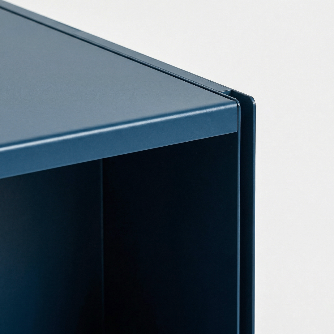 VEYRA Minimalist Metal Cube Storage End Table in Matte Blue, 18"x16"x20" for Living room, Bedroom