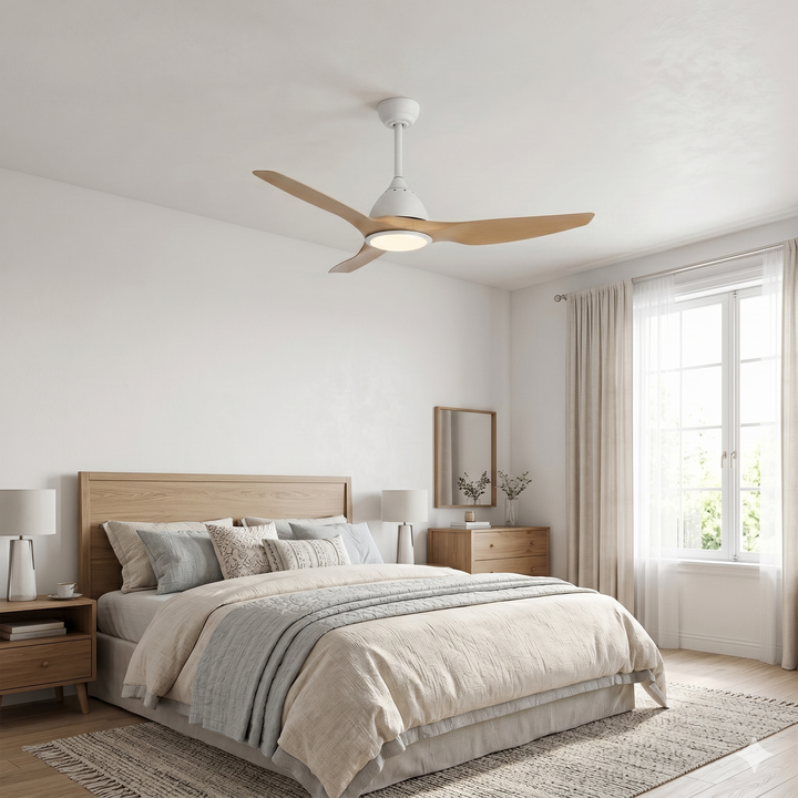 VEYRA 52-inch Modern Ceiling Fan with Light, 3 ABS Blades, DC Motor, 6 Speeds, Downrod Mount for Bedroom, Living Room