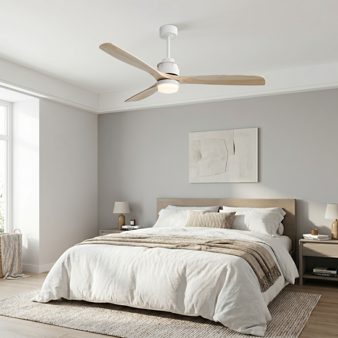 VEYRA 60-inch Modern Ceiling Fan with Light, 3 Solid Wood Blades, DC Motor, 6 Speeds, Downrod Mount for Bedroom, Living Room