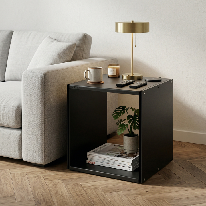 VEYRA Minimalist Metal Cube End Table in Matte Black