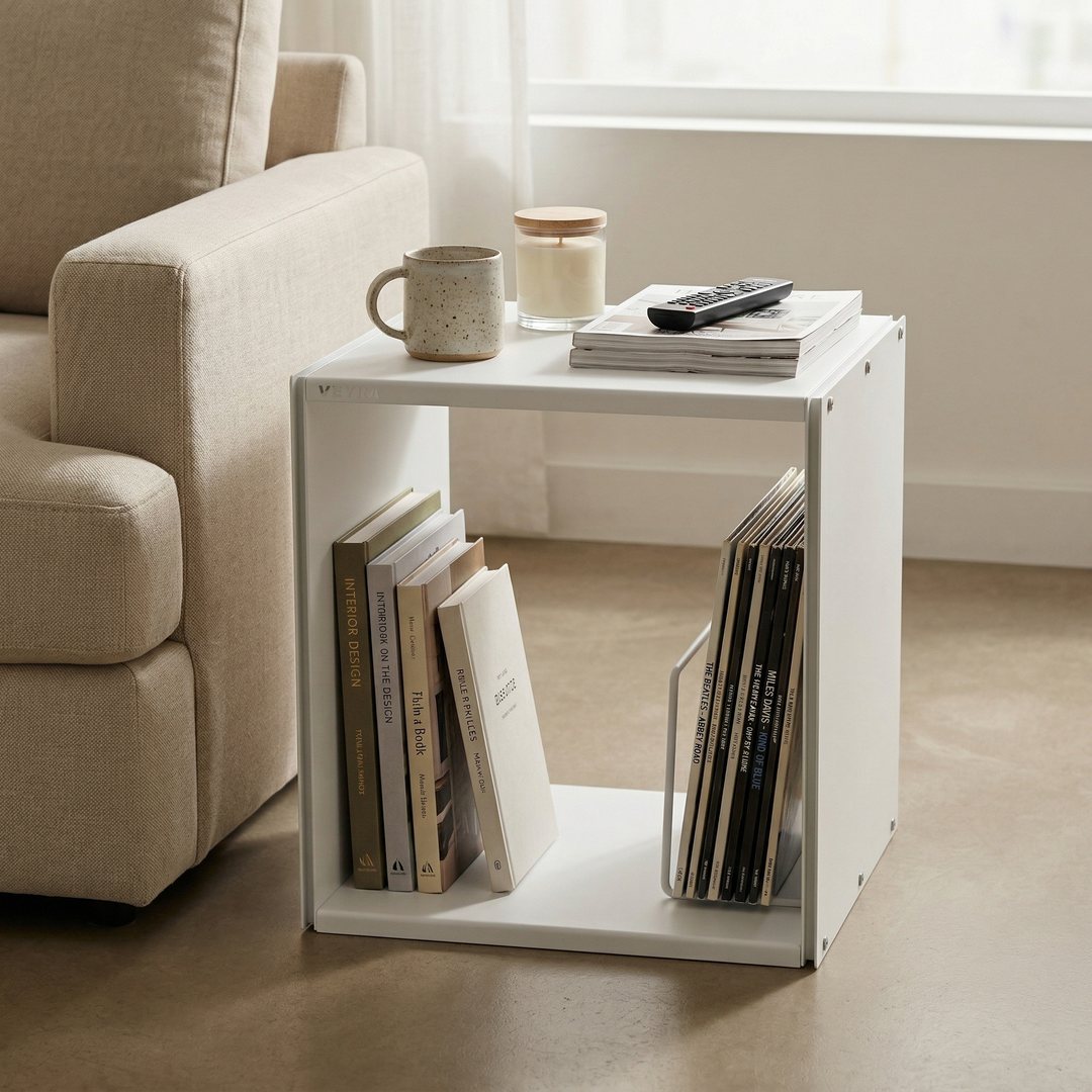 VEYRA Minimalist Metal Cube Storage End Table in Matte White, 18"x16"x20" for Living room, Bedroom