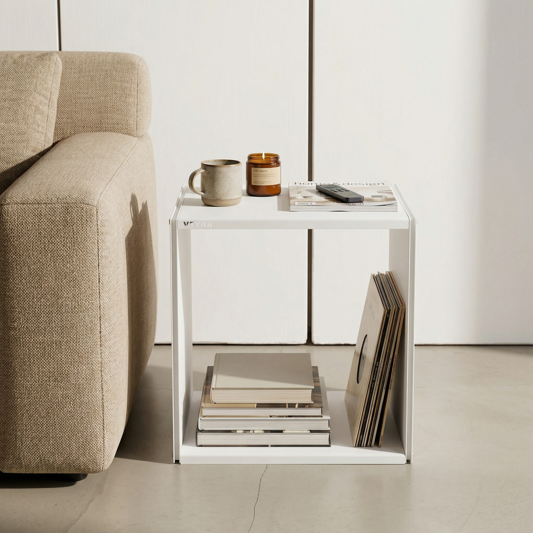 VEYRA Minimalist Metal Cube Storage End Table in Matte White, 18"x16"x20" for Living room, Bedroom