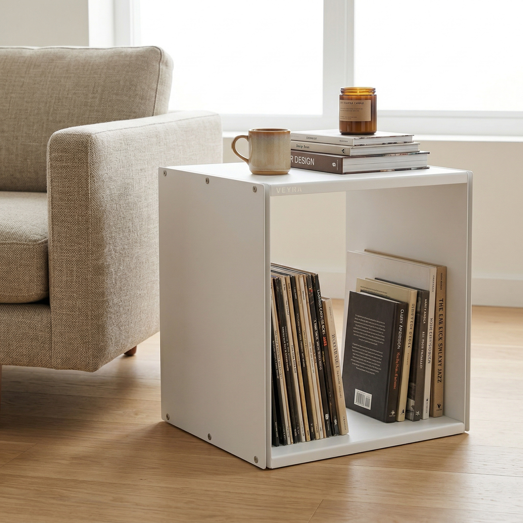 VEYRA Minimalist Metal Cube Storage End Table in Matte White, 18"x16"x20" for Living room, Bedroom