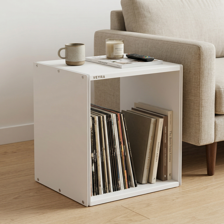 VEYRA Minimalist Metal Cube Storage End Table in Matte White, 18"x16"x20" for Living room, Bedroom