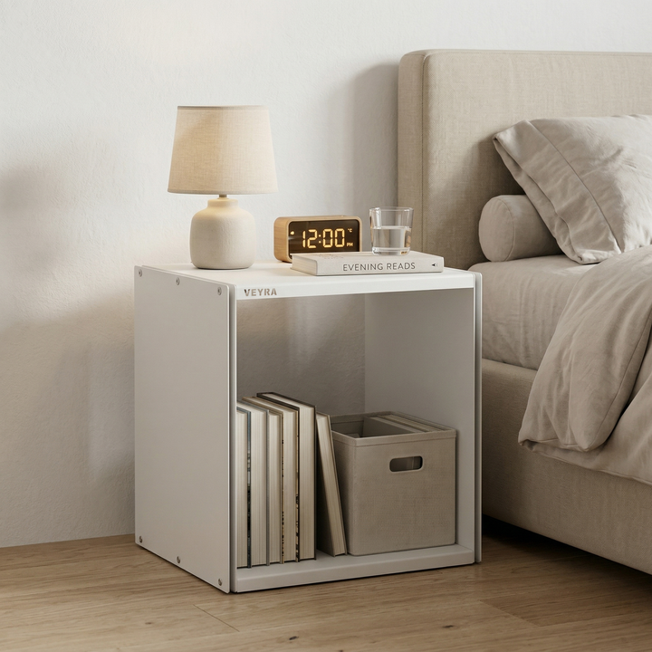 VEYRA Minimalist Metal Cube Storage End Table in Matte White, 18"x16"x20" for Living room, Bedroom