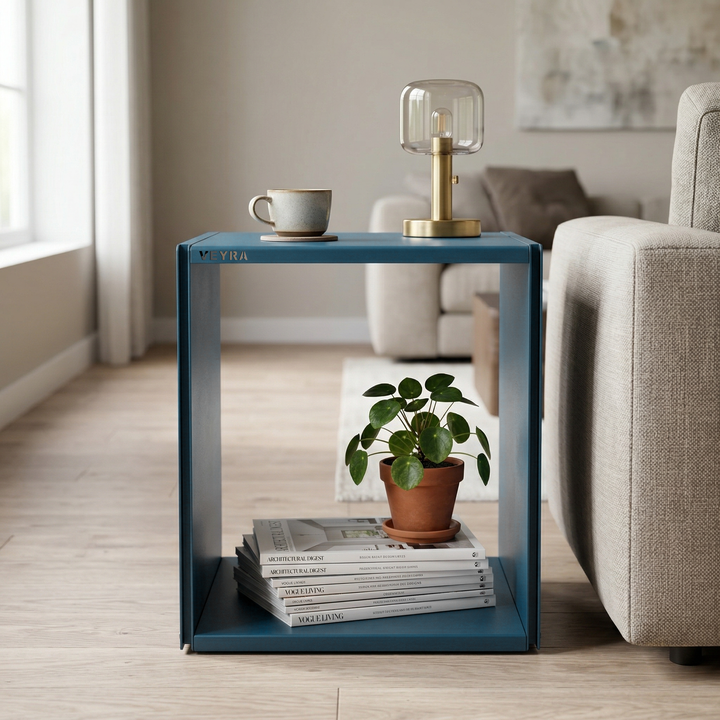 VEYRA Minimalist Metal Cube Storage End Table in Matte Blue, 18"x16"x20" for Living room, Bedroom
