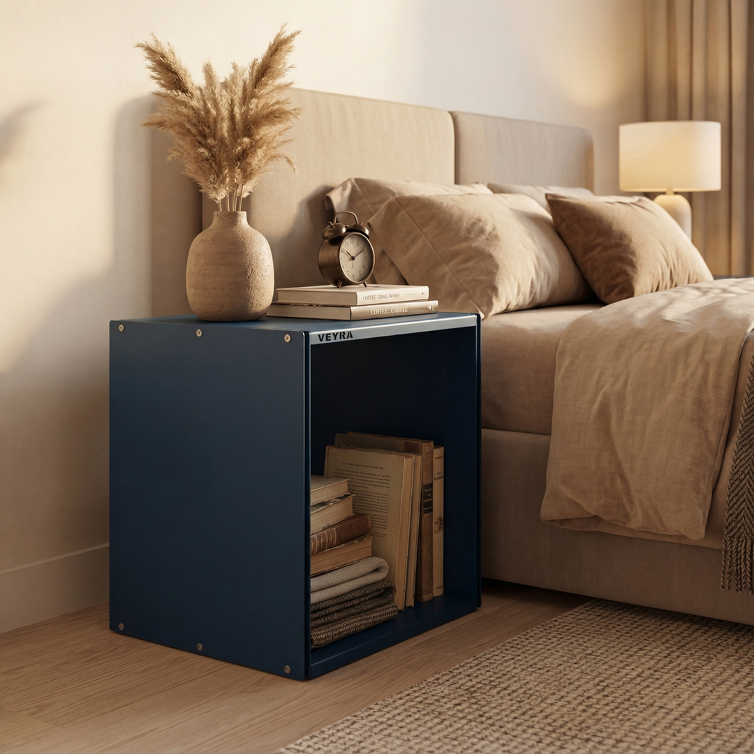 VEYRA Minimalist Metal Cube Storage End Table in Matte Blue, 18"x16"x20" for Living room, Bedroom