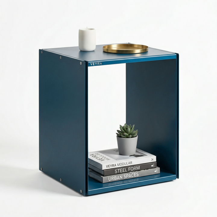 VEYRA Minimalist Metal Cube Storage End Table in Matte Blue, 18"x16"x20" for Living room, Bedroom