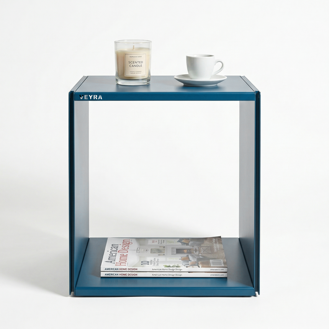 VEYRA Minimalist Metal Cube Storage End Table in Matte Blue, 18"x16"x20" for Living room, Bedroom