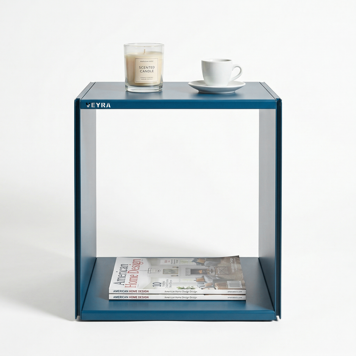 VEYRA Minimalist Metal Cube Storage End Table in Matte Blue, 18"x16"x20" for Living room, Bedroom