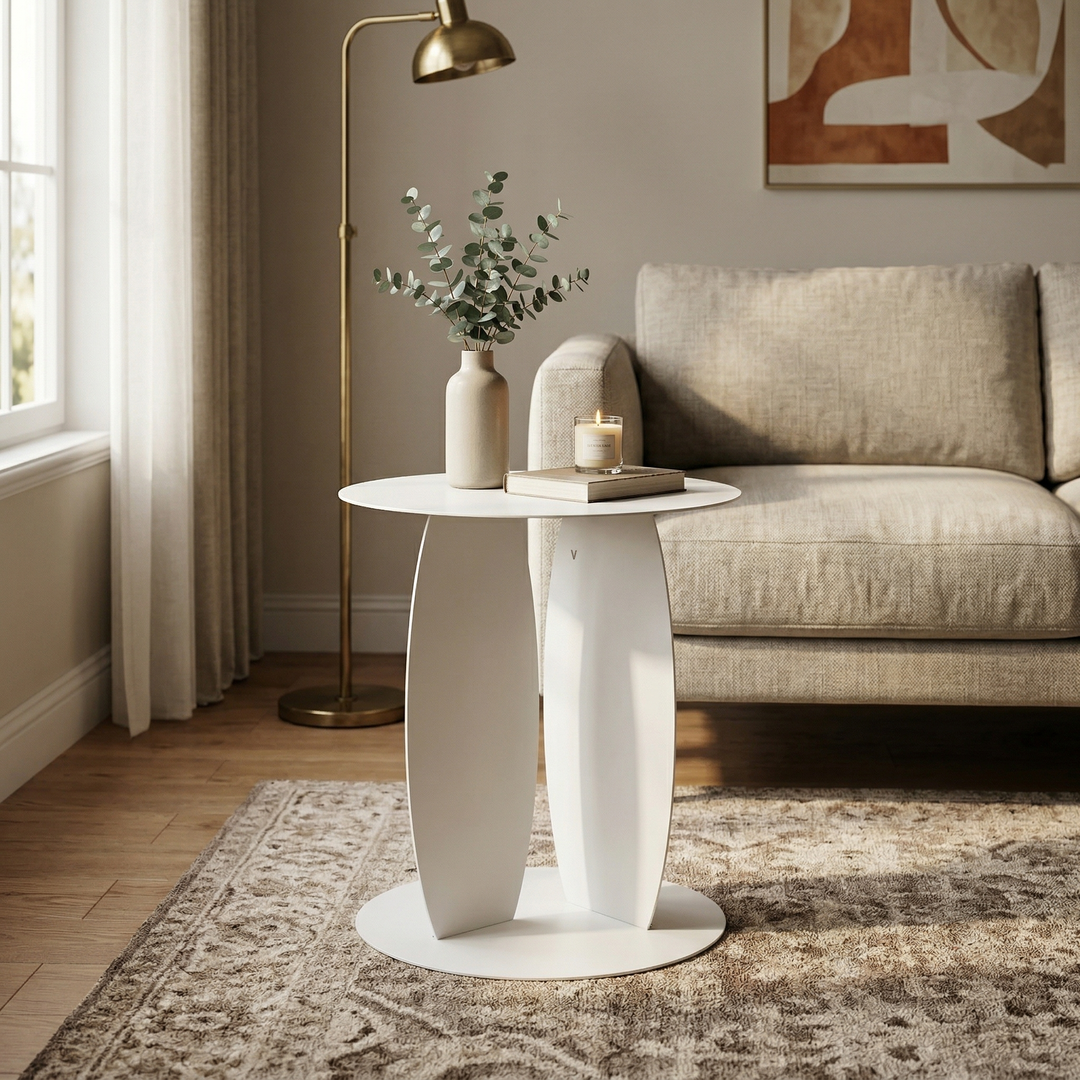 VEYRA Minimalist Metal Round End Table in Matte White, 16.5"x16.5"x18.5" for Living room, Bedroom