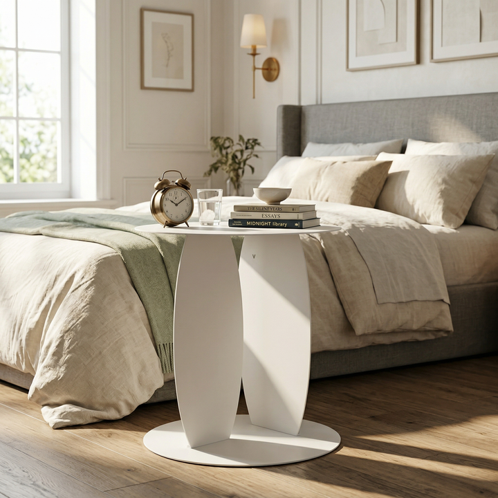 VEYRA Minimalist Metal Round End Table in Matte White, 16.5"x16.5"x18.5" for Living room, Bedroom