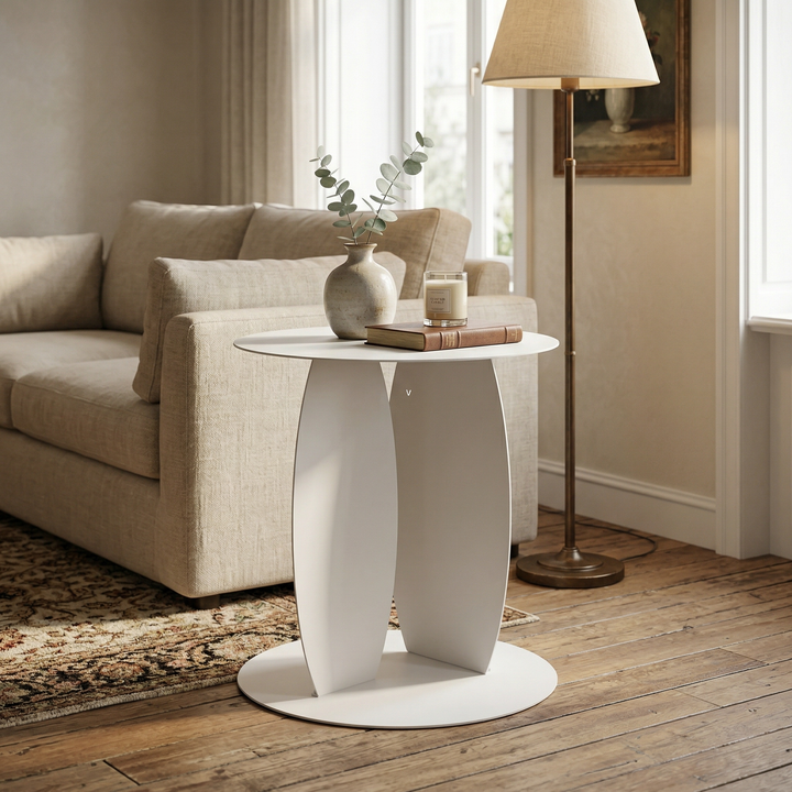 VEYRA Minimalist Metal Round End Table in Matte White, 16.5"x16.5"x18.5" for Living room, Bedroom