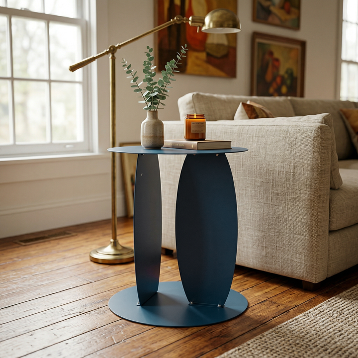 VEYRA Minimalist Metal Round End Table in Matte Blue, 16.5"x16.5"x18.5" for Living room, Bedroom