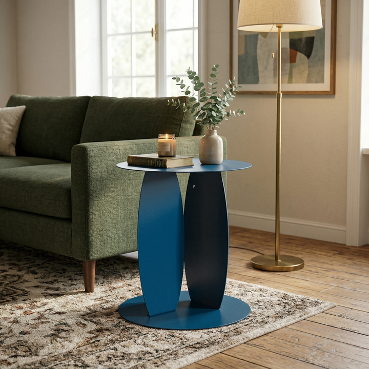 VEYRA Minimalist Metal Round End Table in Matte Blue, 16.5"x16.5"x18.5" for Living room, Bedroom