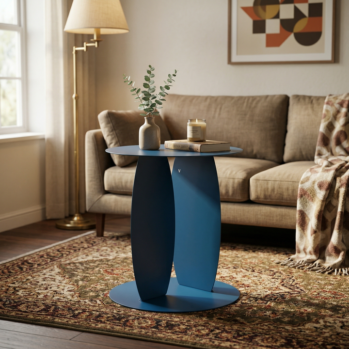 VEYRA Minimalist Metal Round End Table in Matte Blue, 16.5"x16.5"x18.5" for Living room, Bedroom