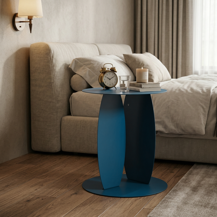 VEYRA Minimalist Metal Round End Table in Matte Blue, 16.5"x16.5"x18.5" for Living room, Bedroom