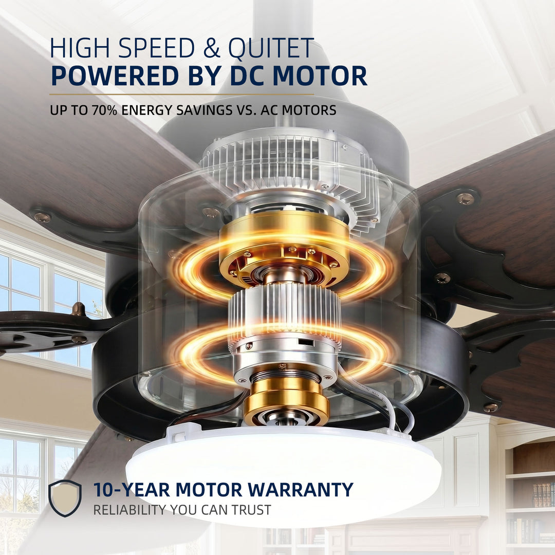 VEYRA 42-inch Modern Ceiling Fan with Light, 5 MDF Blades, DC Motor, 6 Speeds, Downrod Flush Mount for Bedroom, Living Room