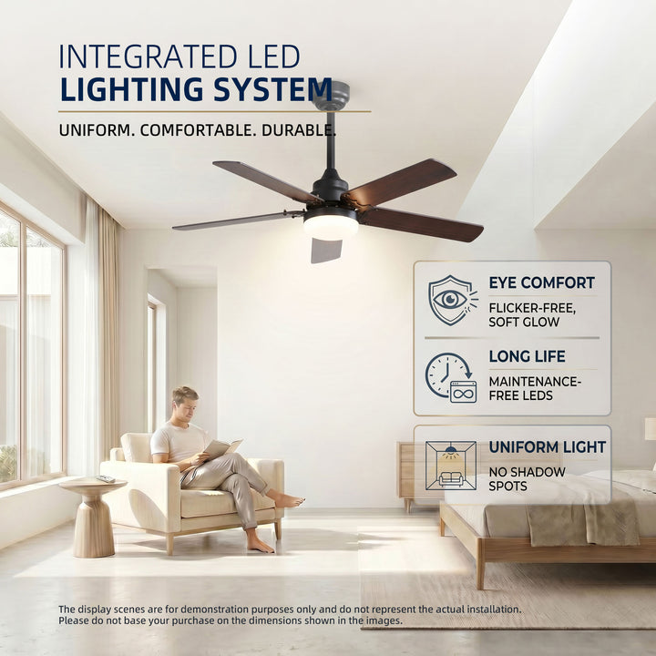 VEYRA 42-inch Modern Ceiling Fan with Light, 5 MDF Blades, DC Motor, 6 Speeds, Downrod Flush Mount for Bedroom, Living Room